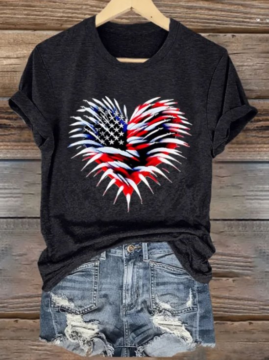 T-shirts Femmes Rétro Été Drapeau des États-Unis Coupe Régulière Manches Courtes Col Rond Régulier Trapèze Régulier