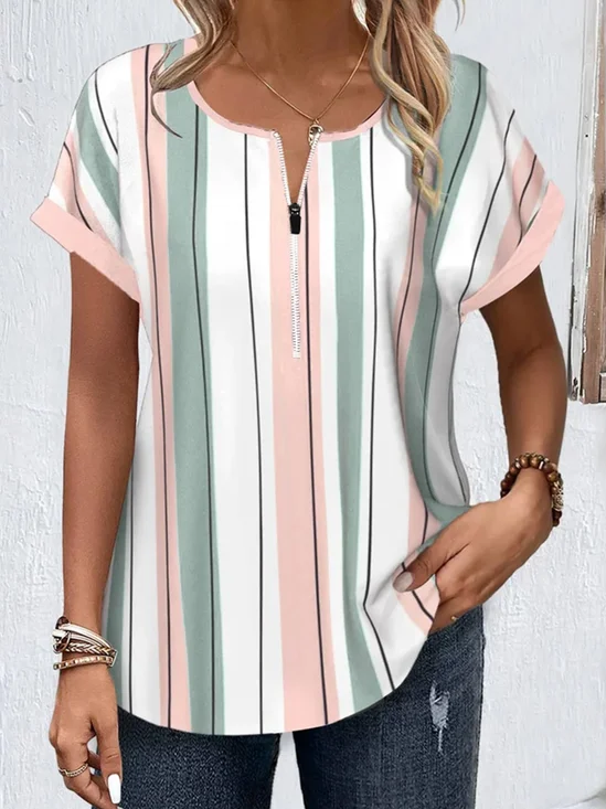 Blouses Femmes Rayé Simple Été Polyester Aucune élasticité Ample Régulier Droit Régulier
