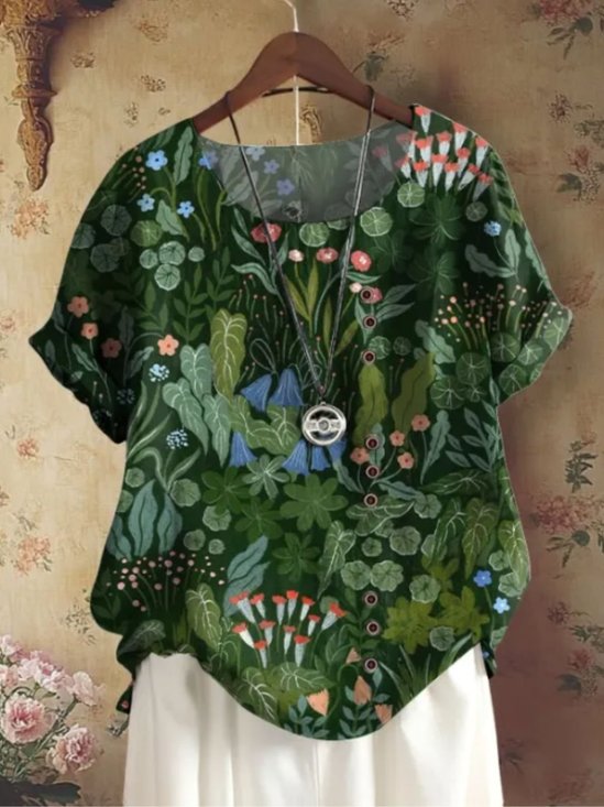Blouses Simple Plantes Été Coton Micro-élasticité Domestique Coupe Régulière Manches Courtes Régulier pour Femmes