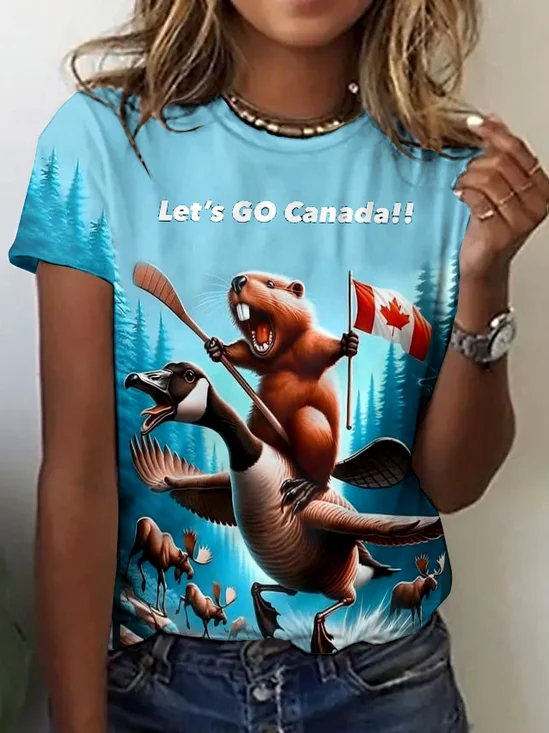 T-shirts Rétro Imprimé d'Animal Été Coton Quotidien Col Rond Régulier Trapèze Régulier pour Femmes