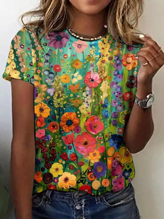 T-shirts Rétro La peinture Été Micro-élasticité Quotidien Manches Courtes Col Rond Régulier Régulier pour Femmes