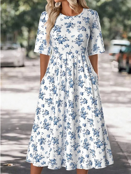 Femmes Floral Bleu Col Rond Confortable Robe Maxi Décontracté