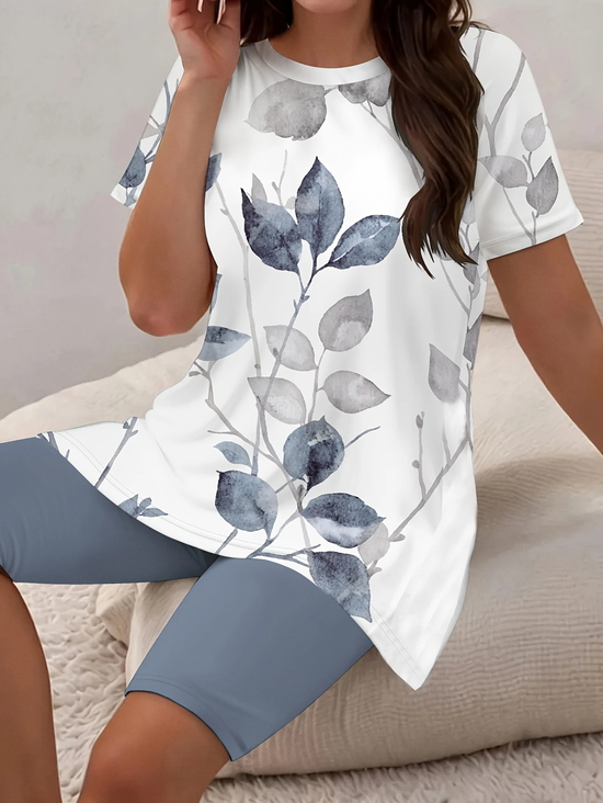 Deux Pièces Ensembles Simple Feuille Été Polyester Imprimé Naturel Micro-élasticité Quotidien Top Avec Pantalons pour Femmes