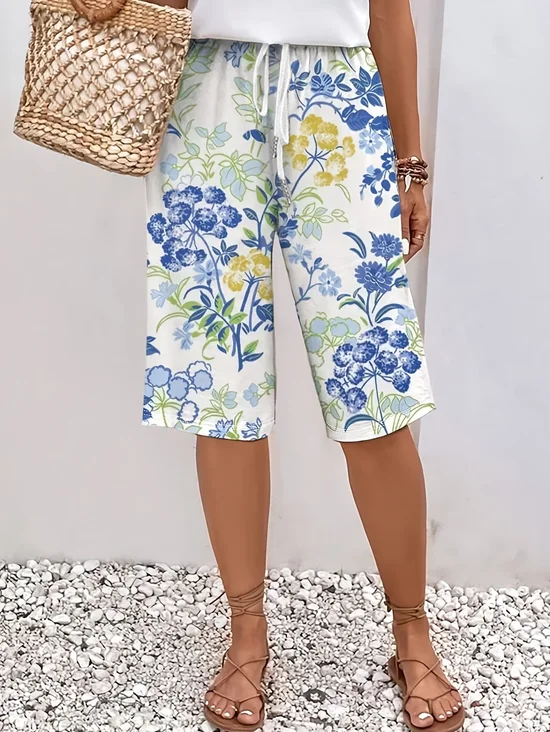 Pantalons Décontracté Floral Été Imprimé Naturel Aucune élasticité Quotidien Droit Cinquième pantalon pour Femmes