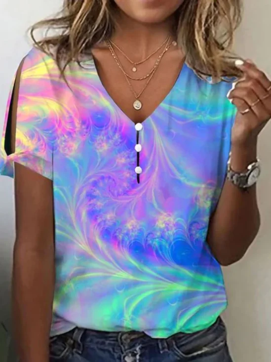 T-shirts Ombre Décontracté Été Col V Micro-élasticité Coupe Régulière Manches Courtes Régulier Régulier pour Femmes