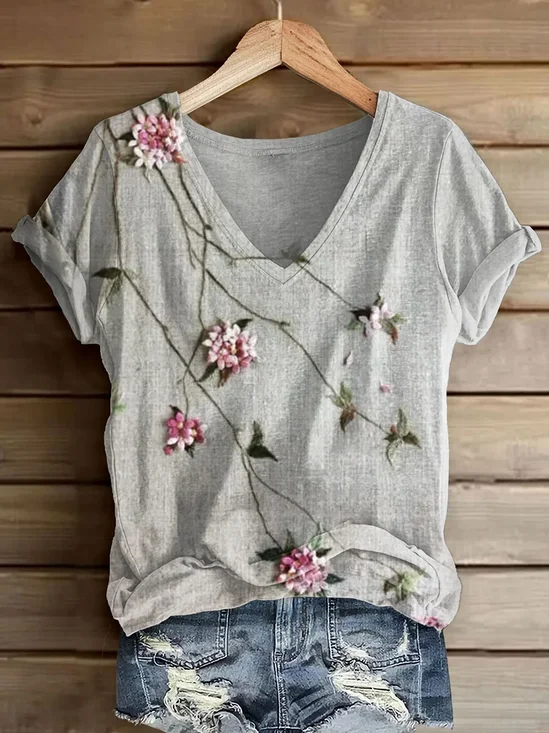 T-shirts Femmes Décontracté Floral Été Col V Imprimé Quotidien Manches Courtes Régulier Régulier