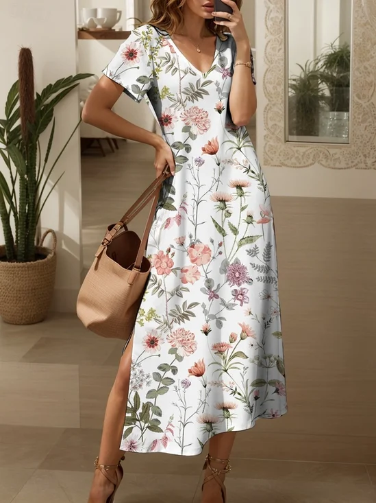 Femmes Floral Comme Image Col Rond Confortable Robe Maxi Rétro