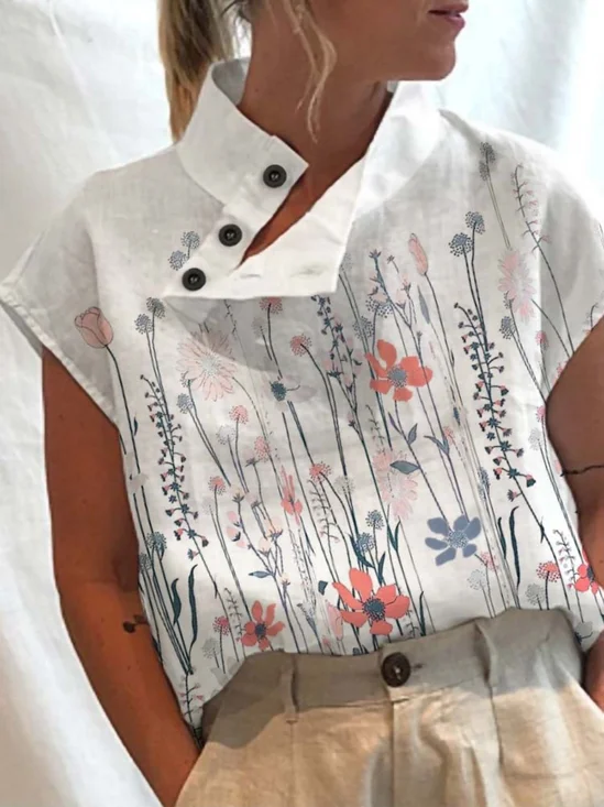 Blouses Femmes Simple Floral Été Quotidien Coupe Régulière Col Châle Régulier Droit Régulier