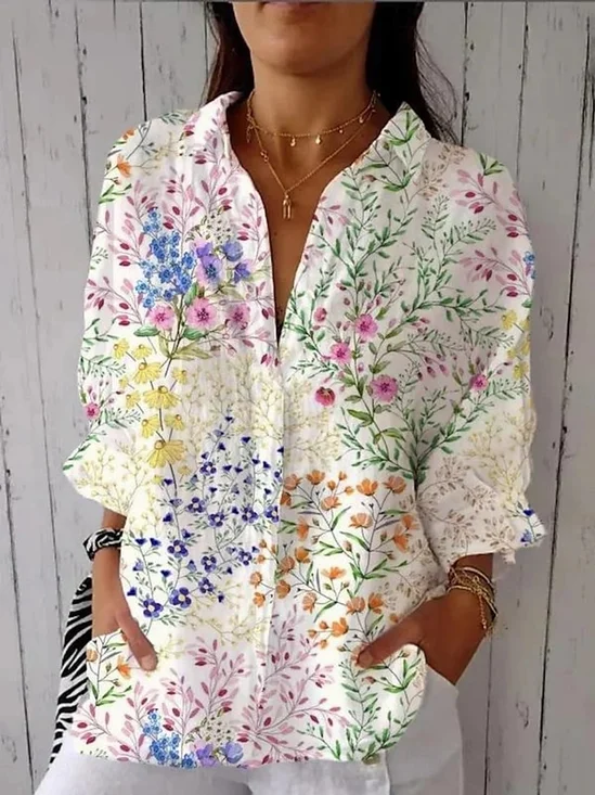 Chemises Décontracté Floral Printemps / Automne Coton Micro-élasticité Coupe Régulière Régulier Régulier Col de Chemise pour Femmes