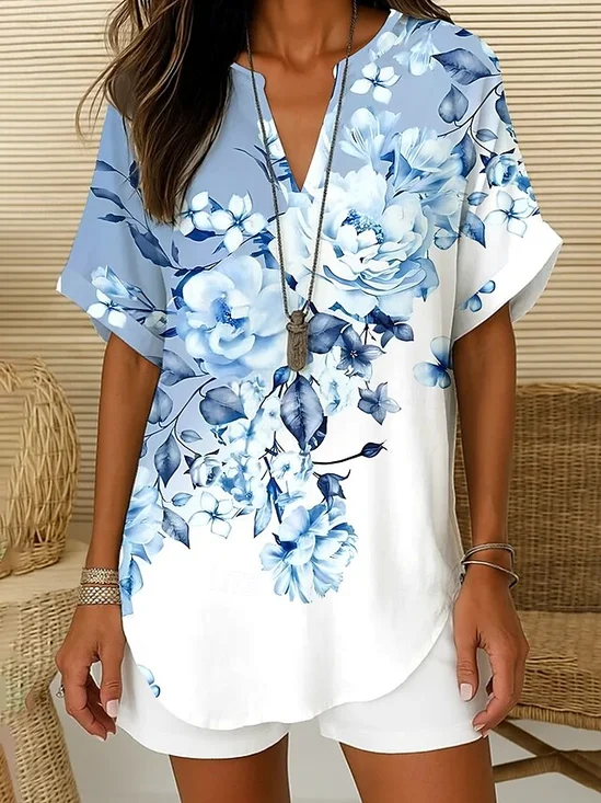 Blouses Femmes Simple Floral Été Polyester Aucune élasticité Quotidien Demi Manche Régulier Régulier