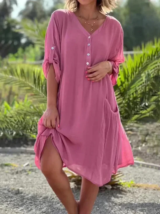 Femmes Plain Rose Col V Confortable Robe Mi-Longue Décontracté