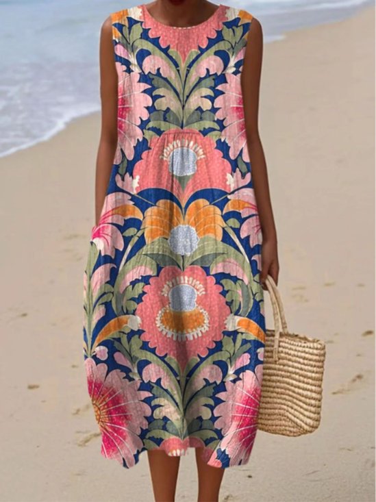 Femmes Floral Pêche Col Rond Confortable Robe Maxi Décontracté