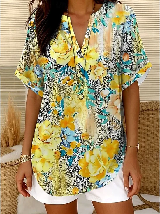 Blouses Décontracté Floral Été Aucune élasticité Quotidien Ample Col Châle Régulier Droit pour Femmes
