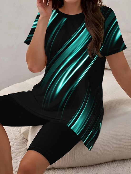 Deux Pièces Ensembles Simple Polyester d'été abstrait Naturel Micro-élasticité Quotidien Col Rond Top Avec Pantalons pour Femmes