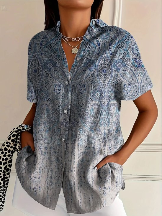 Chemises Décontracté Motif Cachemire Été Micro-élasticité Coupe Régulière Régulier Trapèze Régulier Col de Chemise pour Femmes