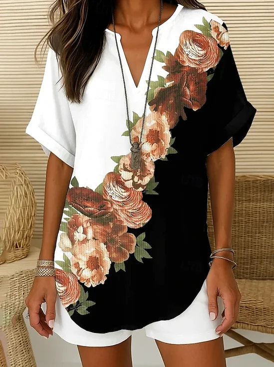 Blouses Simple Floral Été Aucune élasticité Quotidien Ample Col Châle Droit Régulier pour Femmes
