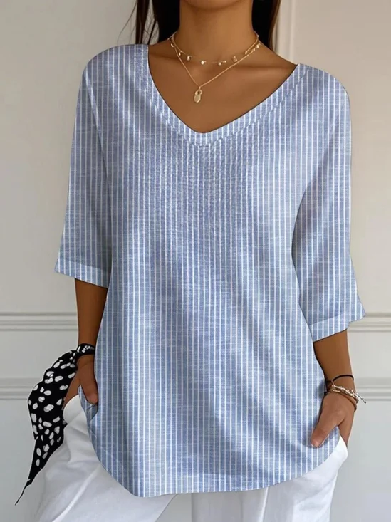 T-shirts Rayé Rétro Printemps / Automne Polyester Micro-élasticité Vacances Manches Longues Col Rond Régulier pour Femmes