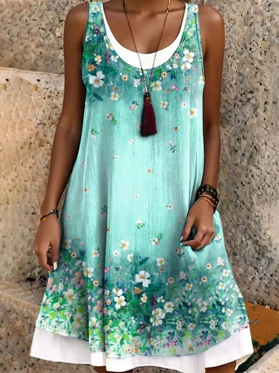 Femmes Floral Vert Col Rond Confortable Robe Mi-Longue Décontracté