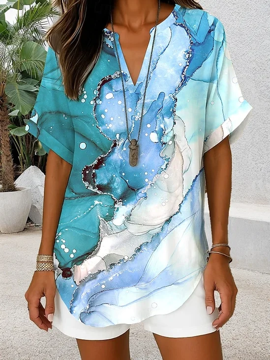 Blouses Simple Été Abstrait Graphique Aucune élasticité Quotidien Ample Demi Manche Col Châle Régulier pour Femmes