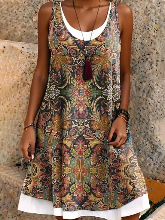 Femmes Floral Brun Col Rond Confortable Robe Mi-Longue Rétro