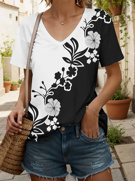 T-shirts Femmes Décontracté Floral Été Col V Quotidien Coupe Régulière Manches Courtes Régulier Trapèze