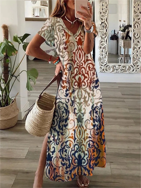 Femmes Floral Comme Image Col V Confortable Robe Mi-Longue Décontracté