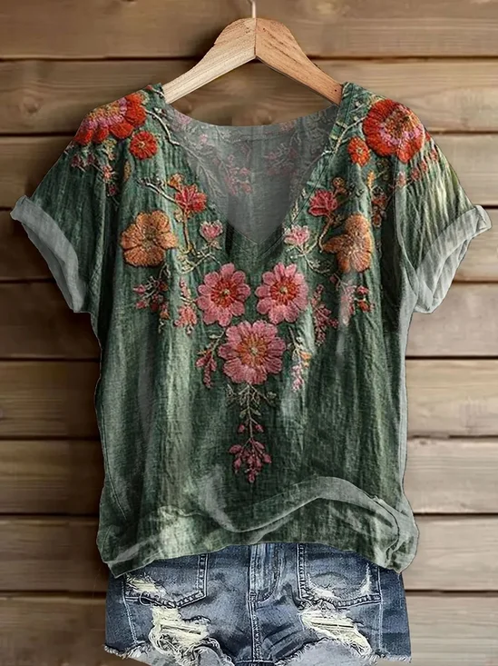 T-shirts Décontracté Floral Été Polyester Col V Imprimé Micro-élasticité Quotidien Manches Courtes pour Femmes