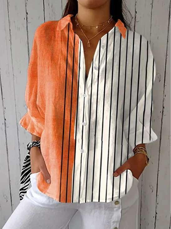 Chemises Rayé Décontracté Printemps / Automne Micro-élasticité Coupe Régulière Manches Longues Régulier Régulier Col de Chemise pour Femmes