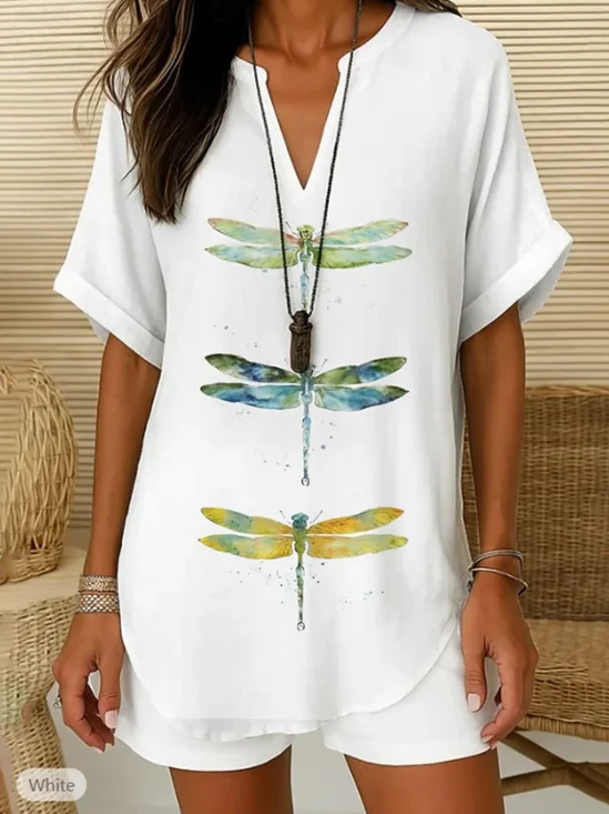 Blouses Simple Libellule Été Coton Aucune élasticité Quotidien Ample Col Châle Droit pour Femmes