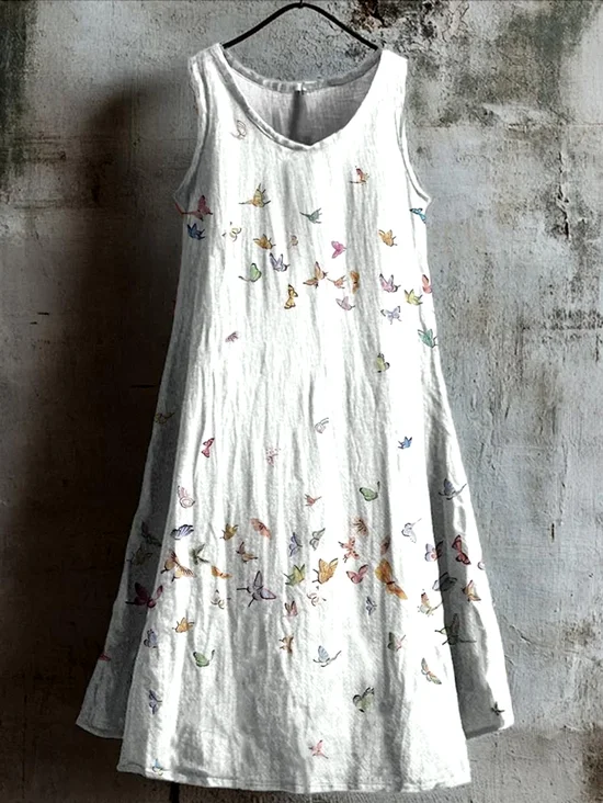 Femmes Floral Blanc Col Rond Confortable Robe Mi-Longue Décontracté