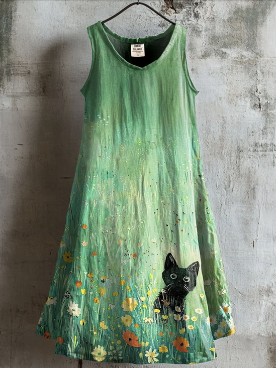 Femmes Floral Vert Col Rond Confortable Robe Mi-Longue Décontracté