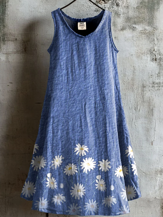 Femmes Floral Bleu Col Rond Confortable Robe Mi-Longue Décontracté