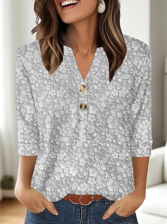 T-shirts Décontracté Floral Printemps / Automne Polyester Col V Micro-élasticité Manches trois quarts Trapèze Régulier pour Femmes