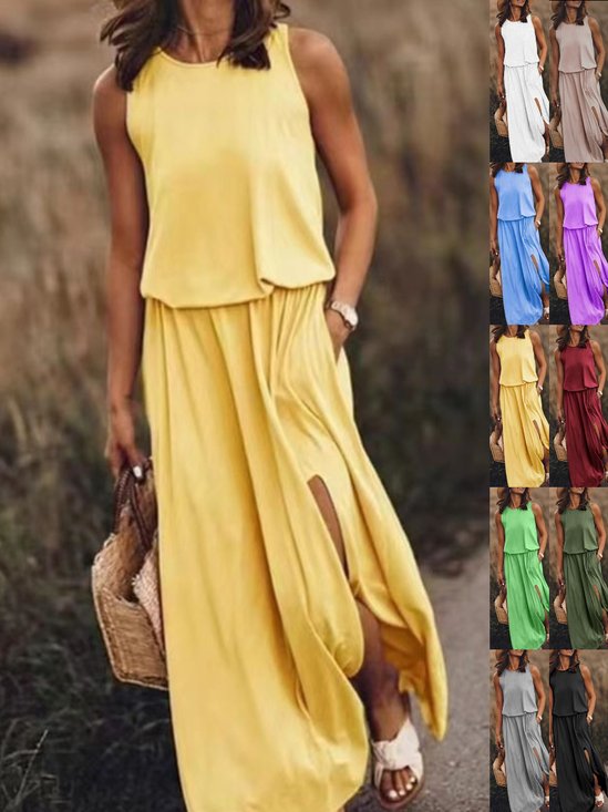 Femmes Plain Jaune Col Rond Confortable Joint Fendu Robe Maxi Rétro