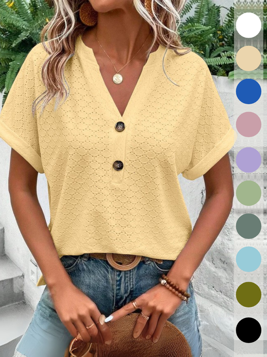 T-shirts Femmes Rue Plain Été Acrylique Col V Micro-élasticité Sortie Manches Courtes Régulier