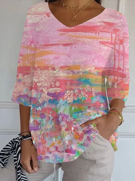 T-shirts Rétro Peinture de paysage Printemps / Automne Polyester Micro-élasticité Manches Longues Régulier Droit Régulier pour Femmes