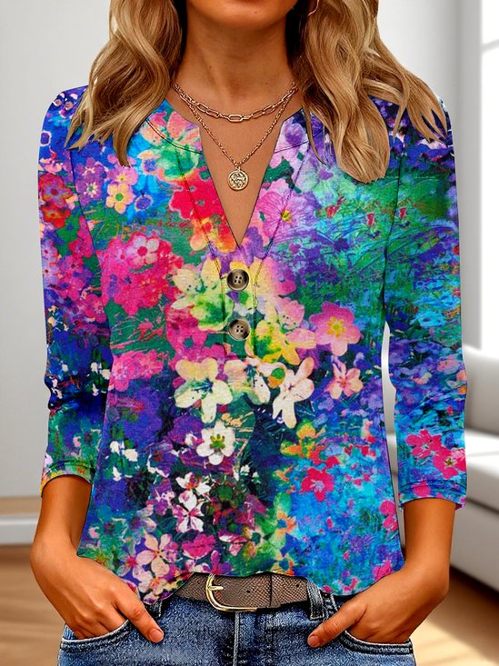 T-shirts Femmes Décontracté Floral Printemps / Automne Polyester Col V Quotidien Manches trois quarts Régulier Régulier