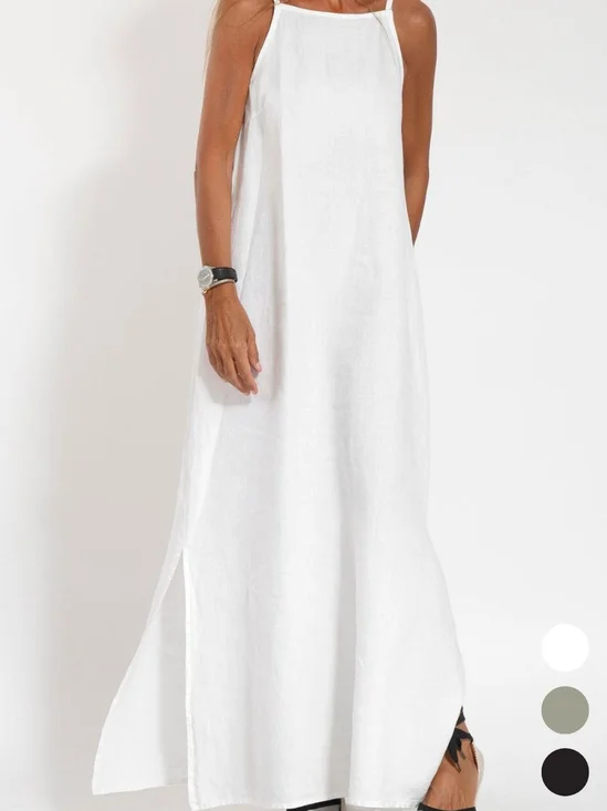 Femmes Plain Blanc Col Rond Confortable Joint Fendu Robe Maxi Rétro