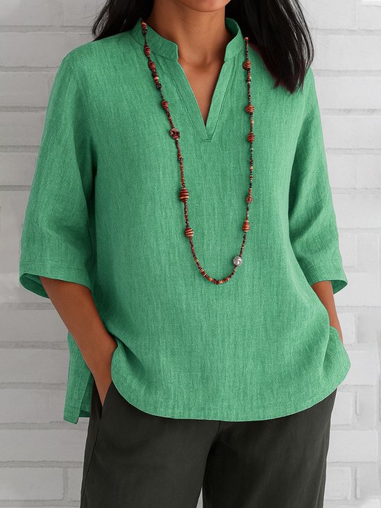 Blouses Femmes Décontracté Plain Été Col V Ample Pull-over Demi Manche Régulier Droit