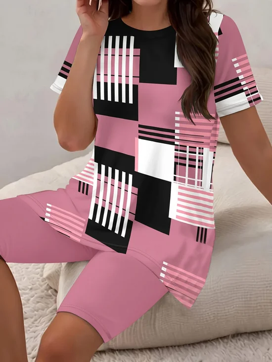 Deux Pièces Ensembles Femmes Décontracté Été Abstrait Rayé Polyester Naturel Micro-élasticité Col Rond Top Avec Pantalons Régulier