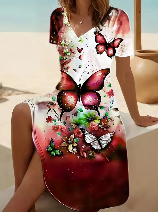 Femmes Floral Rouge Vineux Col V Confortable Imprimé Robe Mi-Longue Décontracté