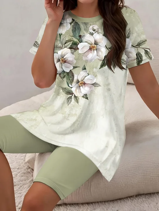 Deux Pièces Ensembles Femmes Décontracté Floral Été Polyester Imprimé Quotidien Coupe Régulière Droit Régulier