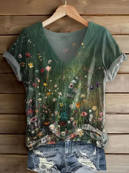 T-shirts Décontracté Floral Été Imprimé Micro-élasticité Quotidien Régulier Droit Régulier pour Femmes