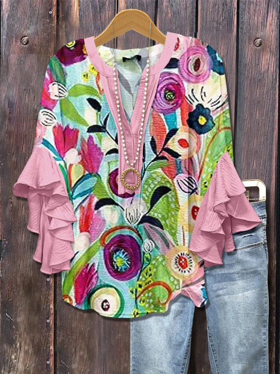 Chemises Décontracté Floral Été Polyester Col V Imprimé Quotidien Demi Manche Régulier pour Femmes