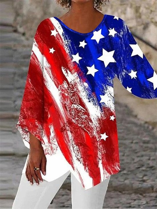 Blouses Femmes Décontracté Printemps / Automne Drapeau des États-Unis Coton Col V Aucune élasticité Manches Longues Droit Régulier