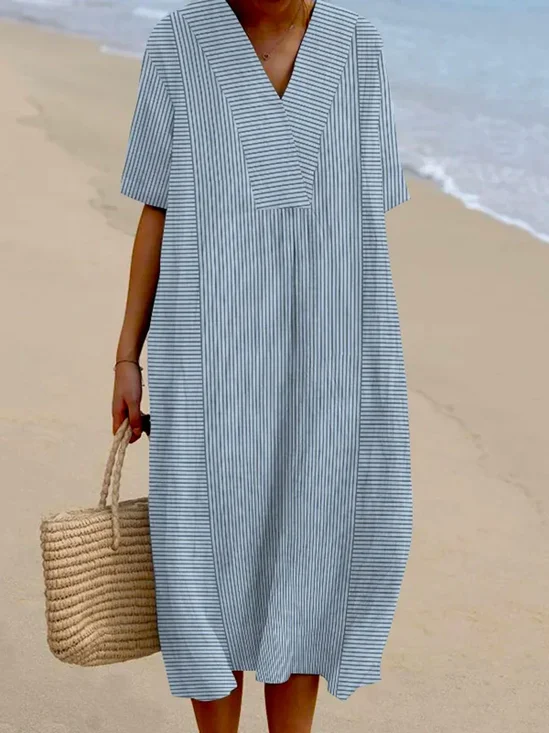 Femmes Rayé Kaki Col Rond Confortable Robe Maxi Décontracté