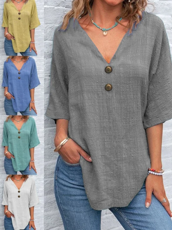 Blouses Simple Plain Été en Lin Col V Demi Manche Régulier Trapèze Régulier pour Femmes
