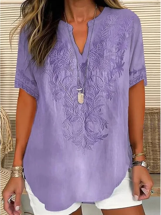 Blouses Simple Été impression en 3D Coton Aucune élasticité Demi Manche Col Châle Régulier Régulier pour Femmes