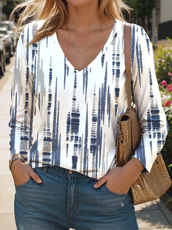 T-shirts Géométrique Décontracté Printemps / Automne Col V Aucune élasticité Coupe Régulière Manches Longues Régulier Régulier pour Femmes