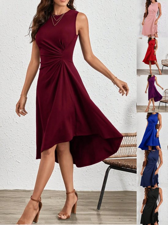 Femmes Plain Rouge Col Rond Confortable Joint Fendu Robe Mi-Longue Rétro